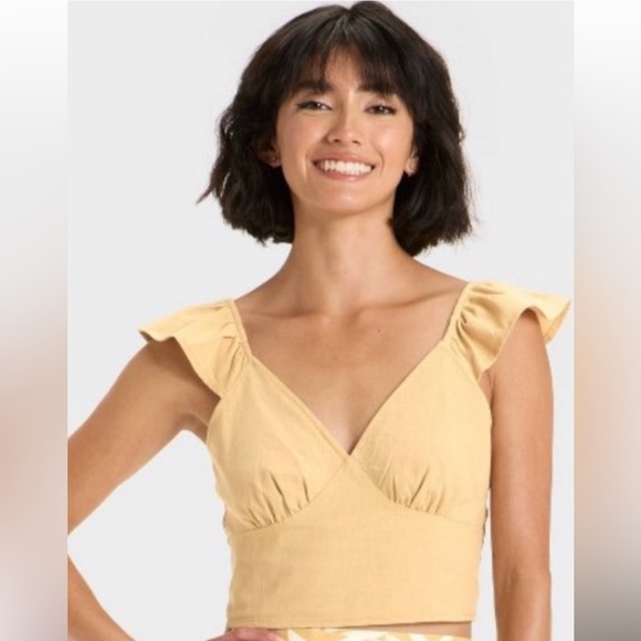 a new day Tops - a new day Tan Ruffle Strap V‑Neck Crop Top Smocked Size M | NWT
